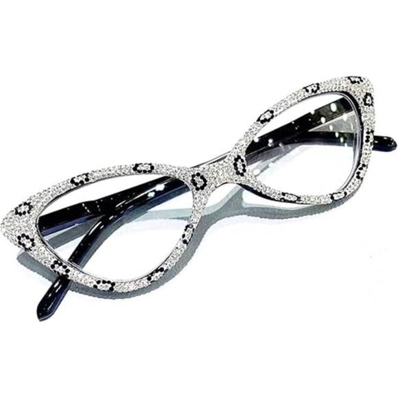 White Rhinestone Cat-Eye Glasses Vintage Frames with Black Leopard X1.0 Magnify - Picture 7 of 7